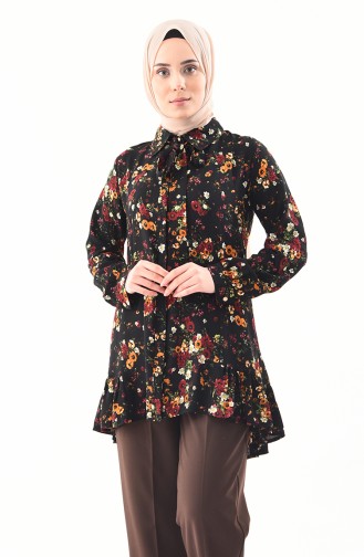 Floral Patterned Ruffled Tunic 7233-02 Black 7233-02