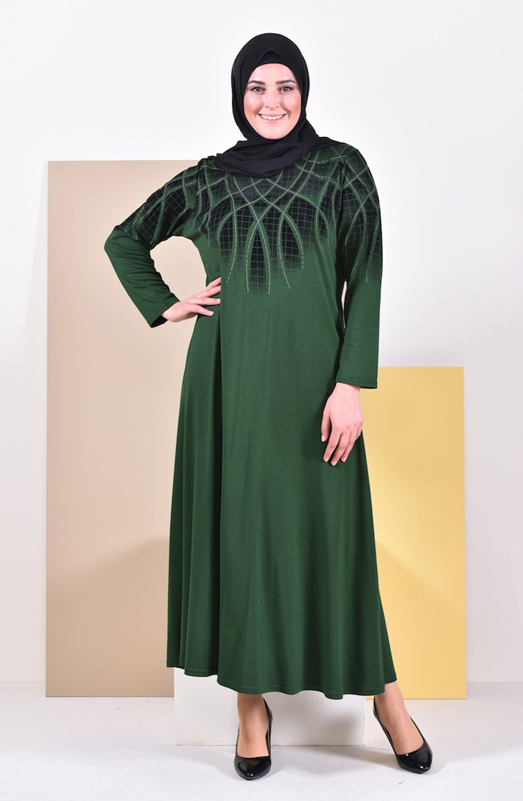 Büyük Beden Desenli Elbise 4833-09 Yeşil | Sefamerve