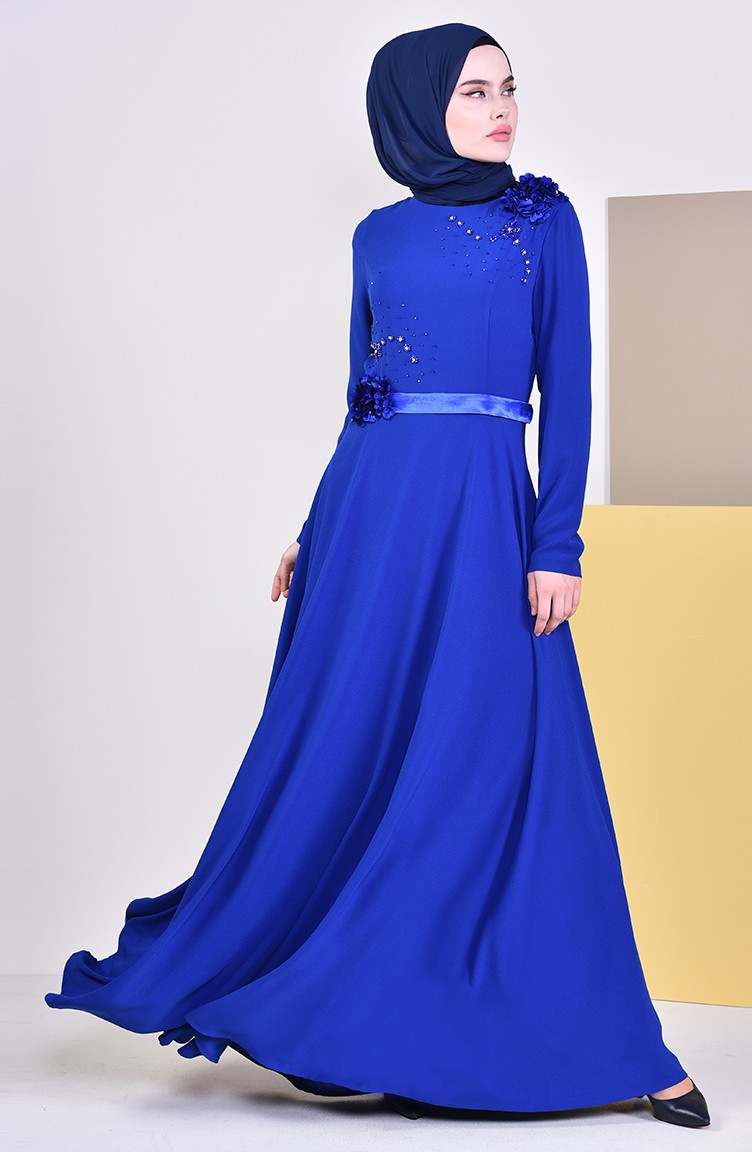 فستان سهرة بتفاصيل مزينة بالورد 6002-01 لون ازرق 6002-01 | Sefamerve