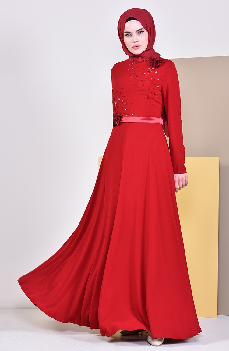 فستان سهرة بتفاصيل مزينة بالورد 6002-03 لون احمر 6002-03 | Sefamerve