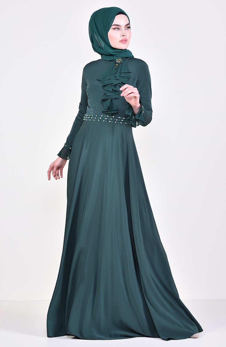 فستان سهرة بتفاصيل مطرزة بالخرز 6006-01 لون اخضر زمردي 6006-01 | Sefamerve