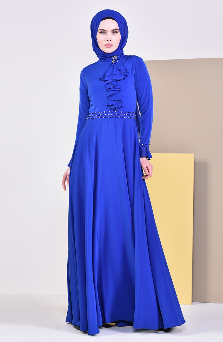 فستان سهرة بتفاصيل مطرزة بالخرز 6006-04 لون ازرق 6006-04 | Sefamerve
