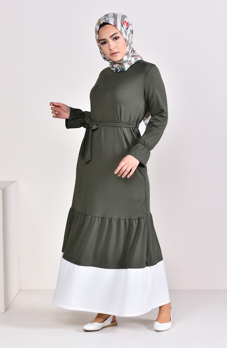 فستان مُزين بتفاصيل من الكشكش 3072-01 لون أخضر كاكي 3072-01 | Sefamerve