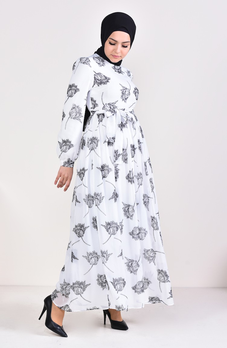 فستان شيفون بتصميم مُطبع 0311-02 لون ابيض 0311-02 | Sefamerve