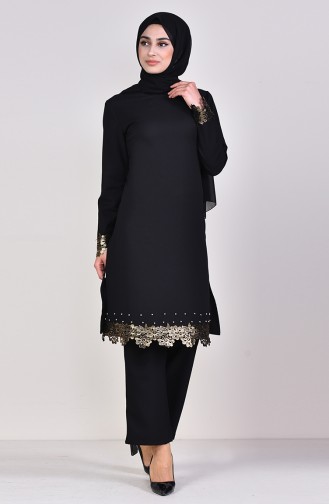 Lace Detailed Tunic Pants Binary Suit 4121-01 Black 4121-01