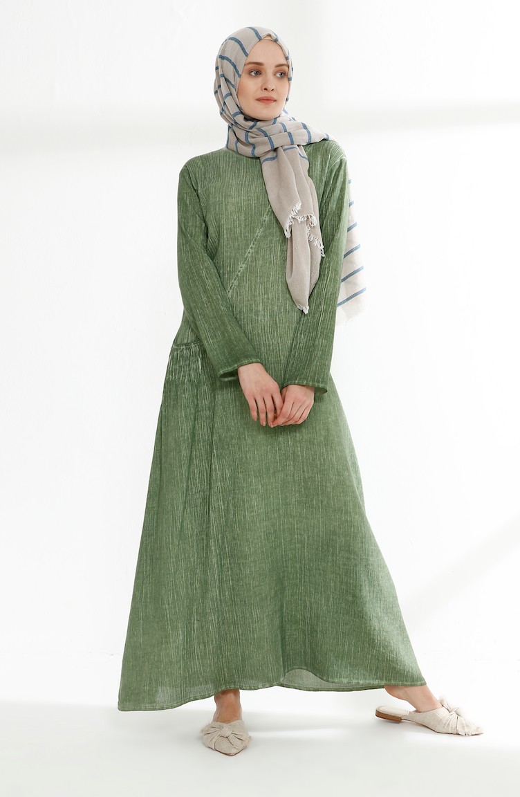 Şile Bezi Yıkamalı Elbise 9023-06 Yeşil | Sefamerve