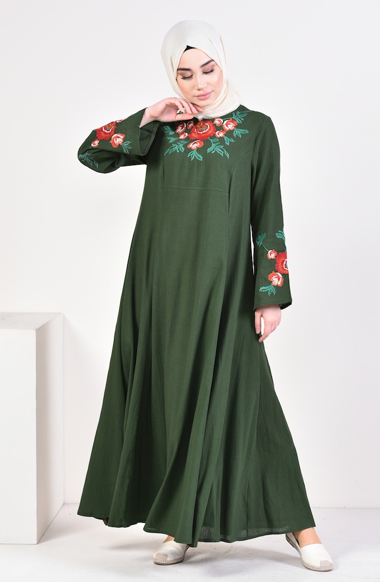 Şile Bezi Nakışlı Elbise 0700-01 Yeşil | Sefamerve