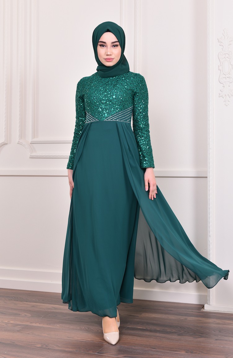 فستان سهرة بتفاصيل من الترتر اللامع 3740-04 لون أخضر 3740-04 | Sefamerve