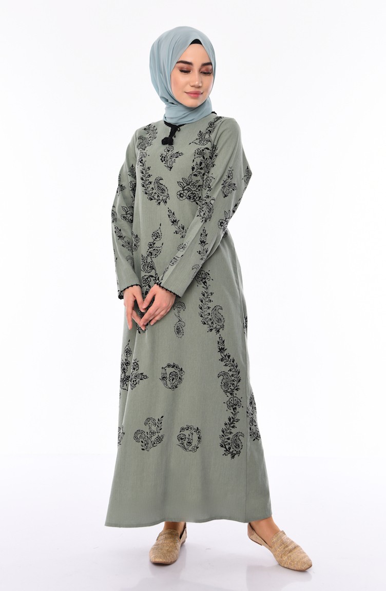Desenli Şile Bezi Elbise 0004-10 Çağla Yeşil | Sefamerve