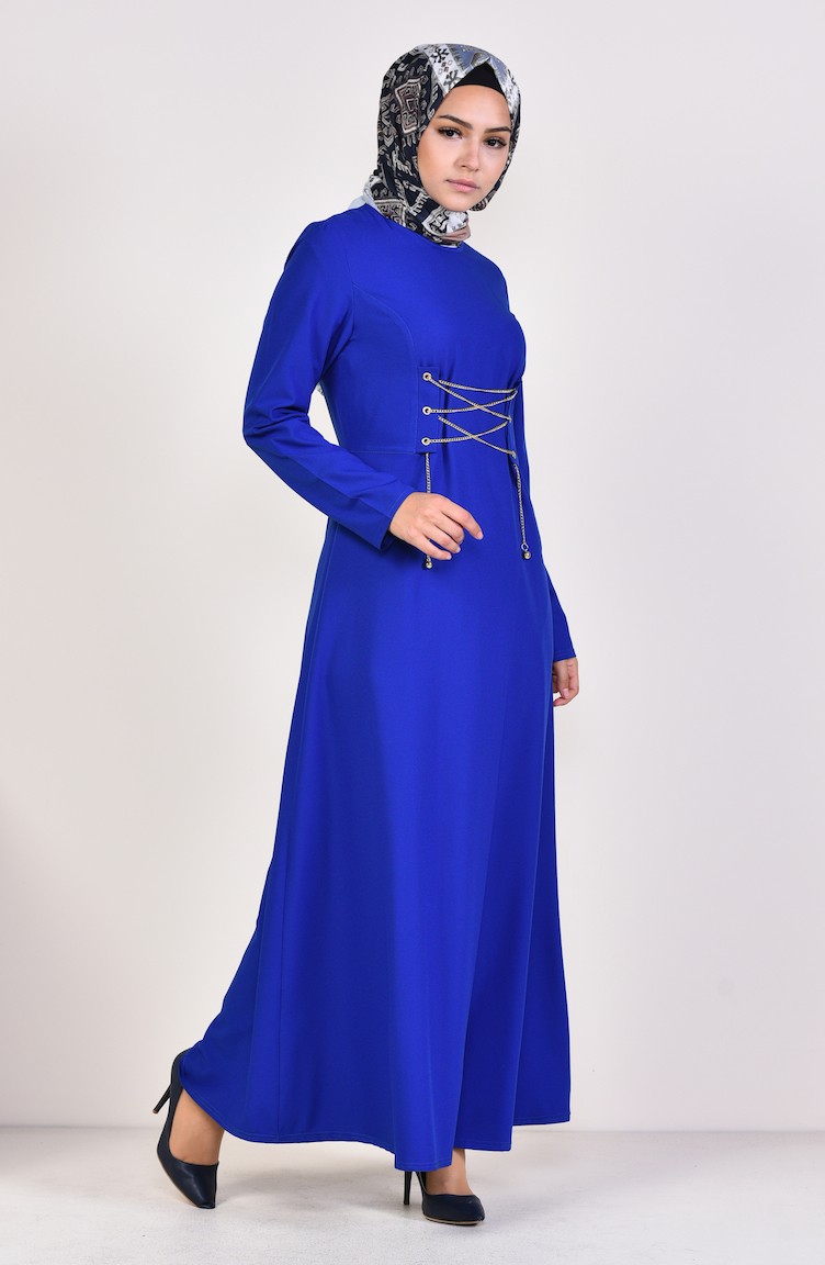فستان سادة مزين بسلسلة 1189-05 لون ازرق 1189-05 | Sefamerve