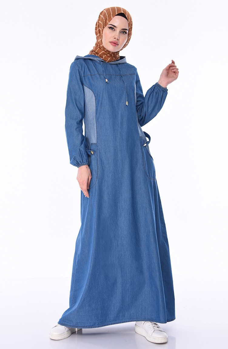 فستان جينز بتصميم موصول بقبعة 4007-01 لون أزرق جينز 4007-01 | Sefamerve