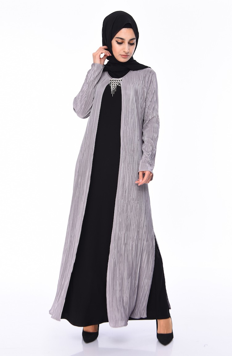 Büyük Beden Takım Görünümlü Elbise 1064-01 Gri | Sefamerve