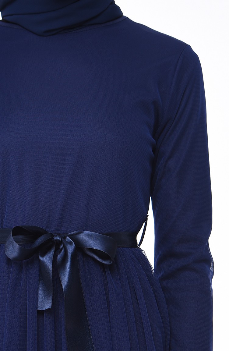 فستان قماش التويل بتصميم حزام للخصر 4024-02 لون كحلي 4024-02 | Sefamerve
