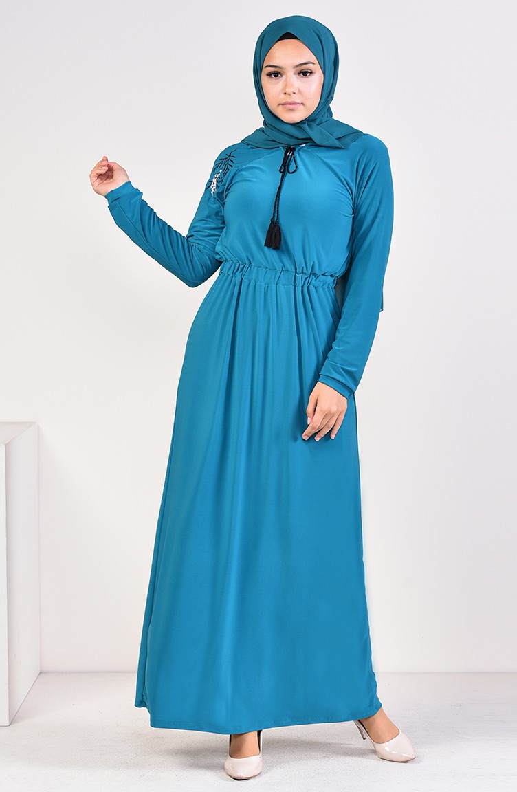 فستان قماش الساندي بفاصيل مُطرزة 4122-03 لون تركواز 4122-03 | Sefamerve