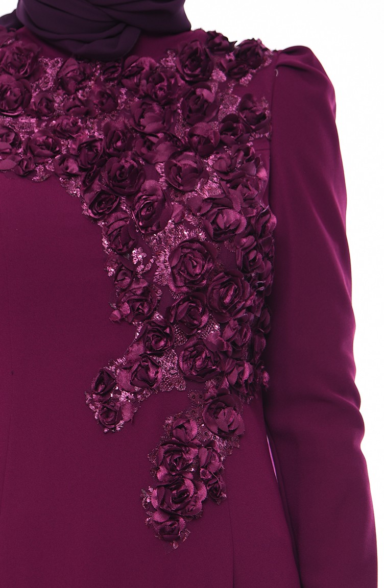 فستان سهرة بتصميم مُزين بكُلف ورد 7025-02 لون بنفجي 7025-02 | Sefamerve