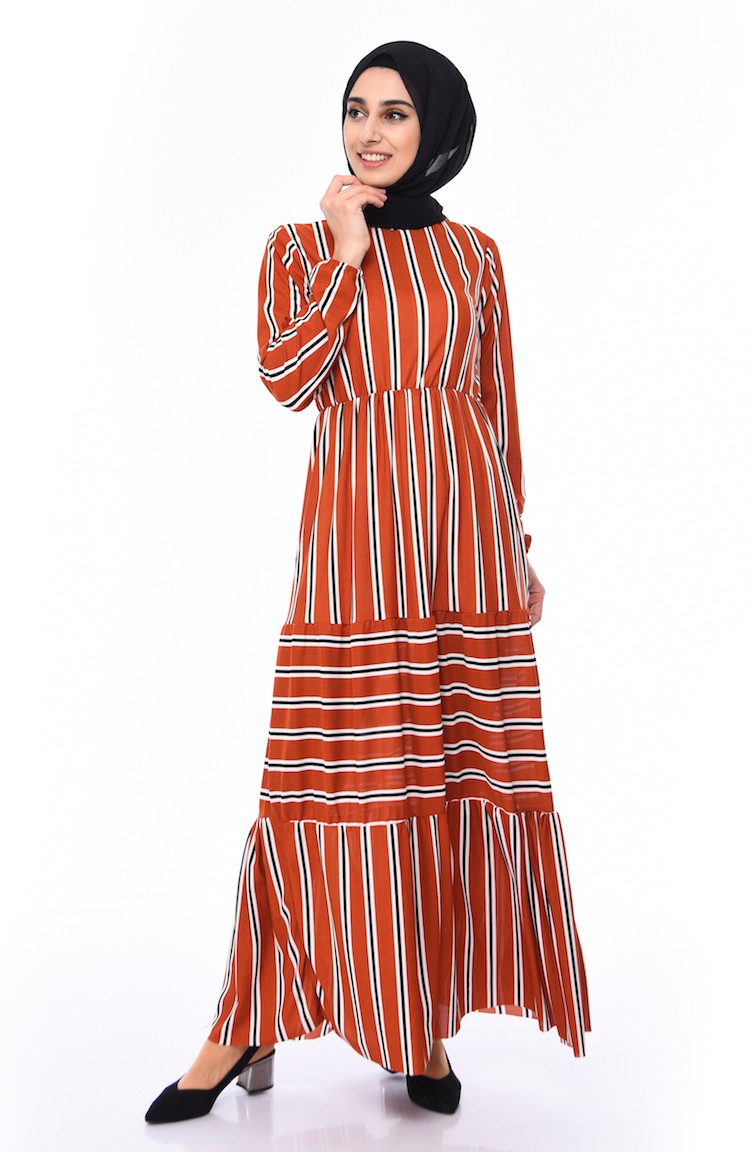 فستان بتصميم مخطط 1043-05 لون قرميدي 1043-05 | Sefamerve
