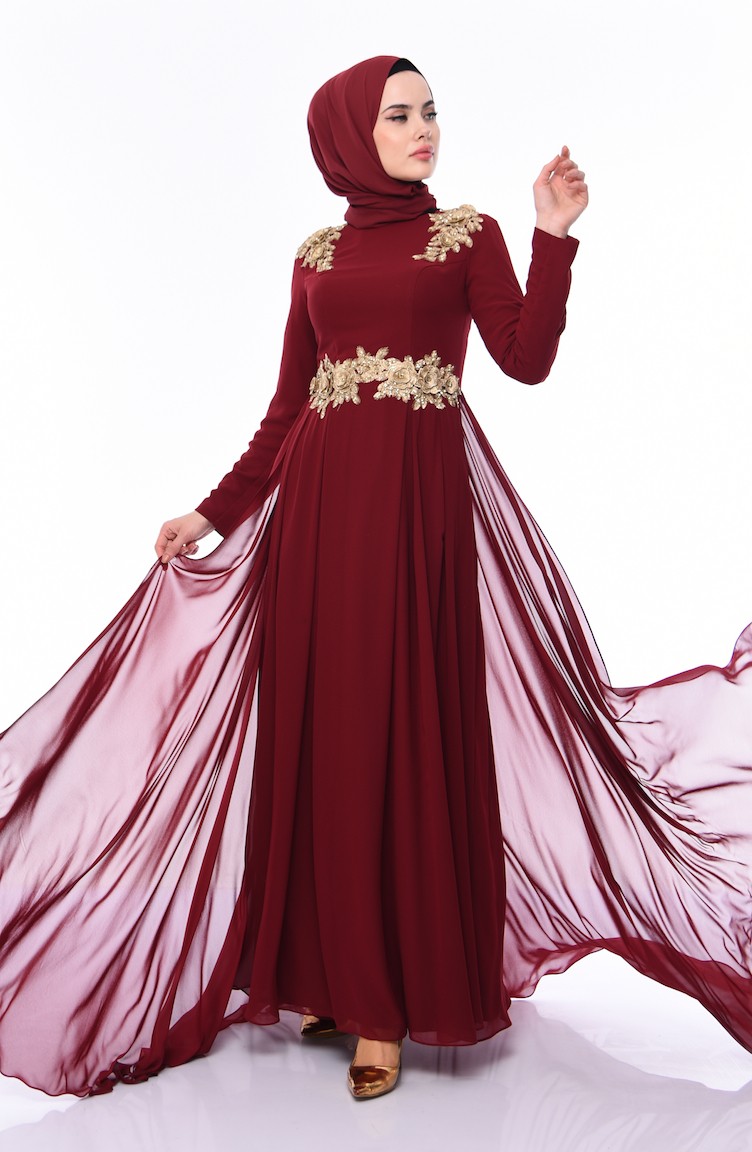 فستان سهرة شيفون بتفاصيل من الدانتيل 4546-01 لون خمري 4546-01 | Sefamerve