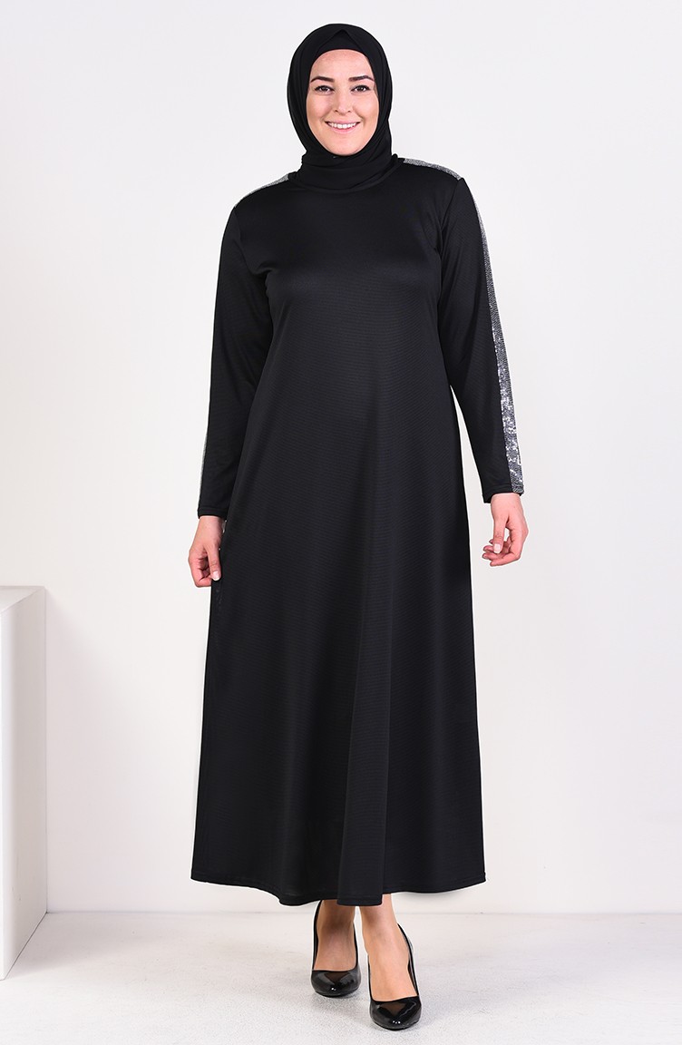 Büyük Beden Pul Detaylı Elbise 4560-04 Siyah | Sefamerve