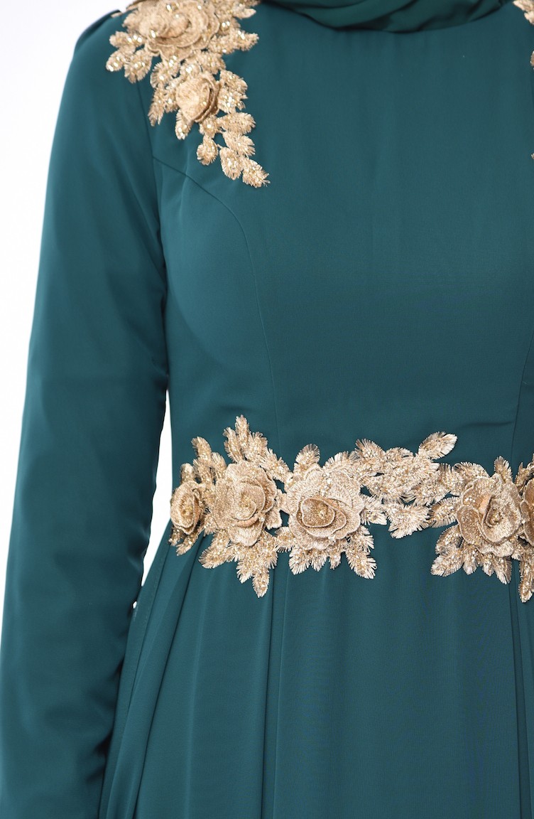 فستان سهرة شيفون بتفاصيل من الدانتيل 4546-03 لون أخضر زمردي 4546-03 |  Sefamerve