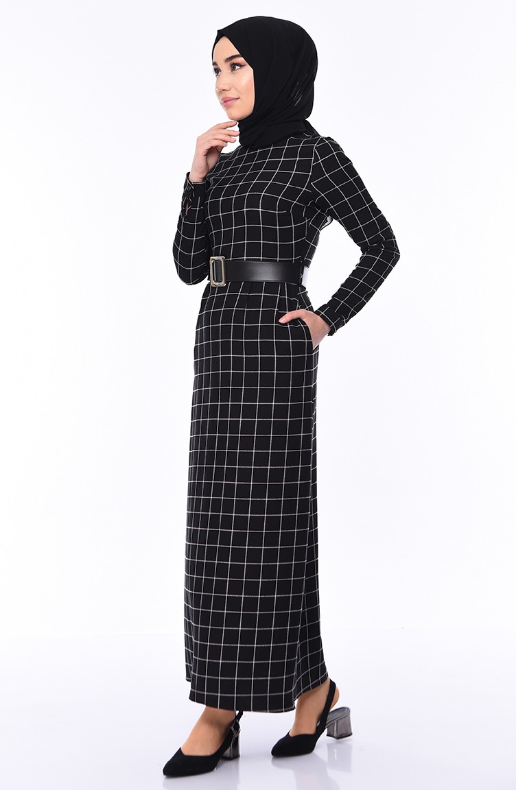 Kareli Kemerli Elbise 2069-08 Siyah | Sefamerve