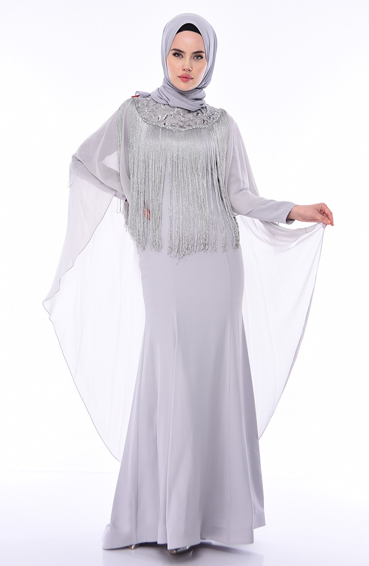 Gray Hijab Evening Dress 4529-04 | Sefamerve