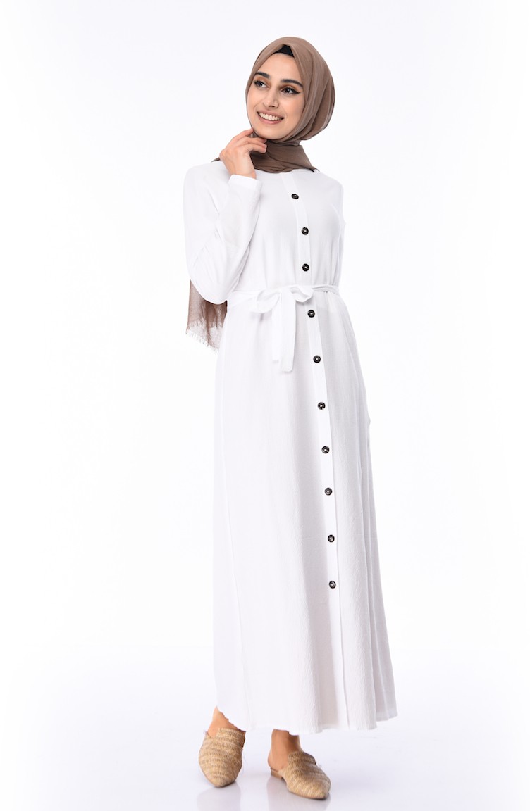Boydan Düğmeli Yazlık Elbise 6010C-01 Beyaz | Sefamerve