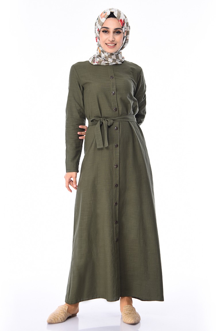 Boydan Düğmeli Yazlık Elbise 6010-01 Haki | Sefamerve