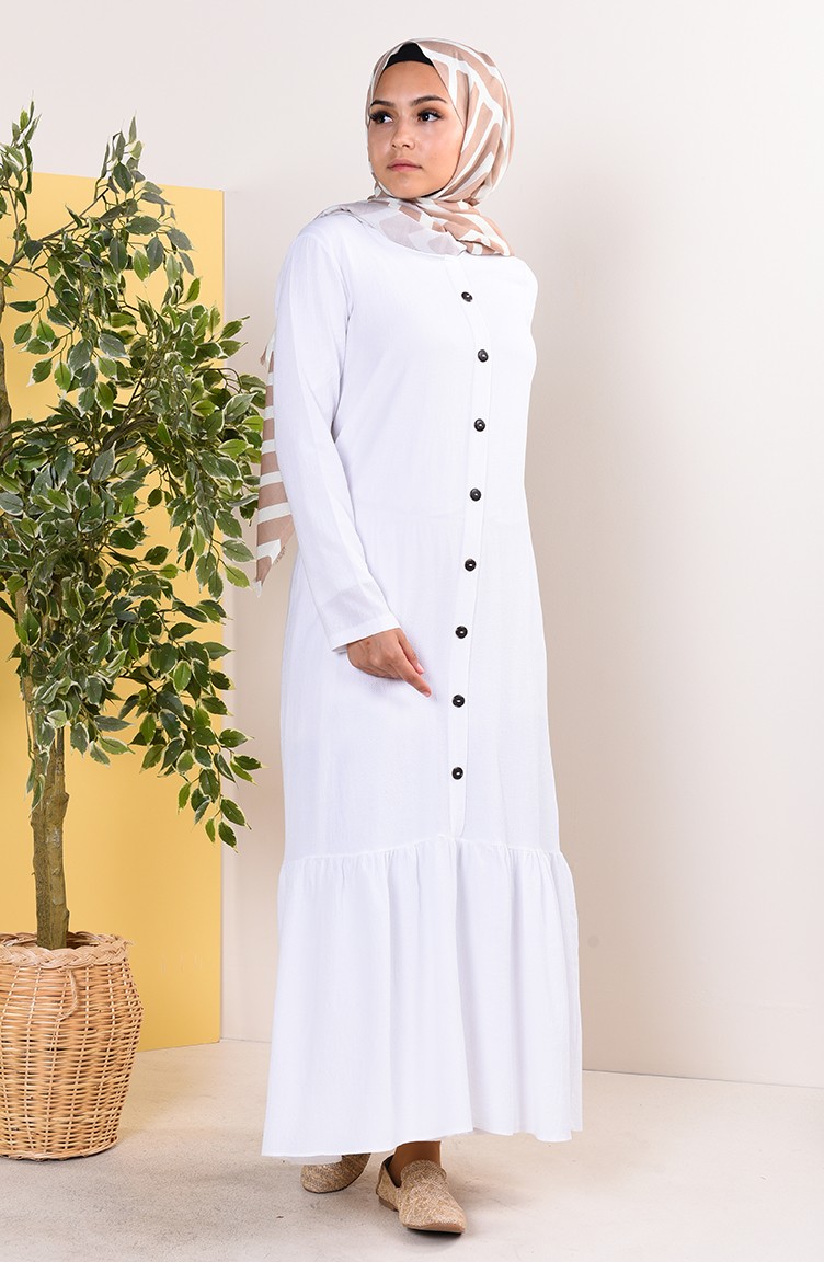 Fırfırlı Yazlık Elbise 6009A-01 Beyaz | Sefamerve