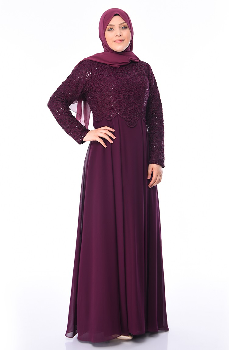 Plum Hijab Evening Dress 1309-01 | Sefamerve