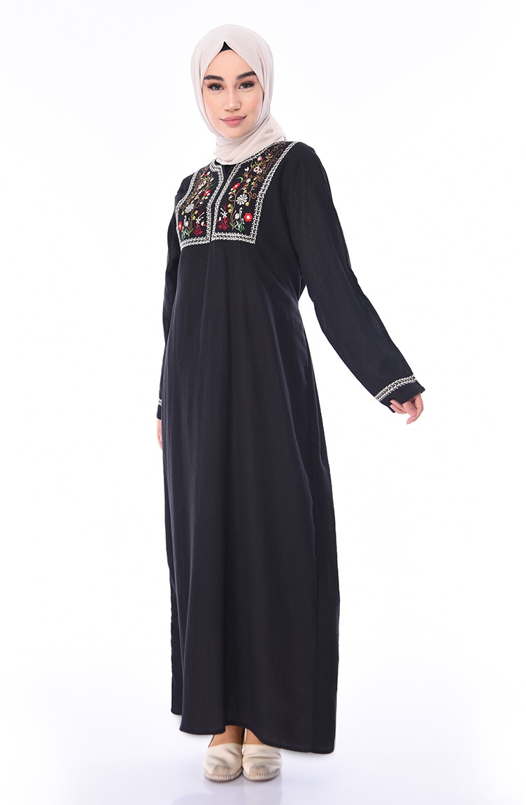 Nakışlı Şile Bezi Elbise 6000-01 Siyah | Sefamerve