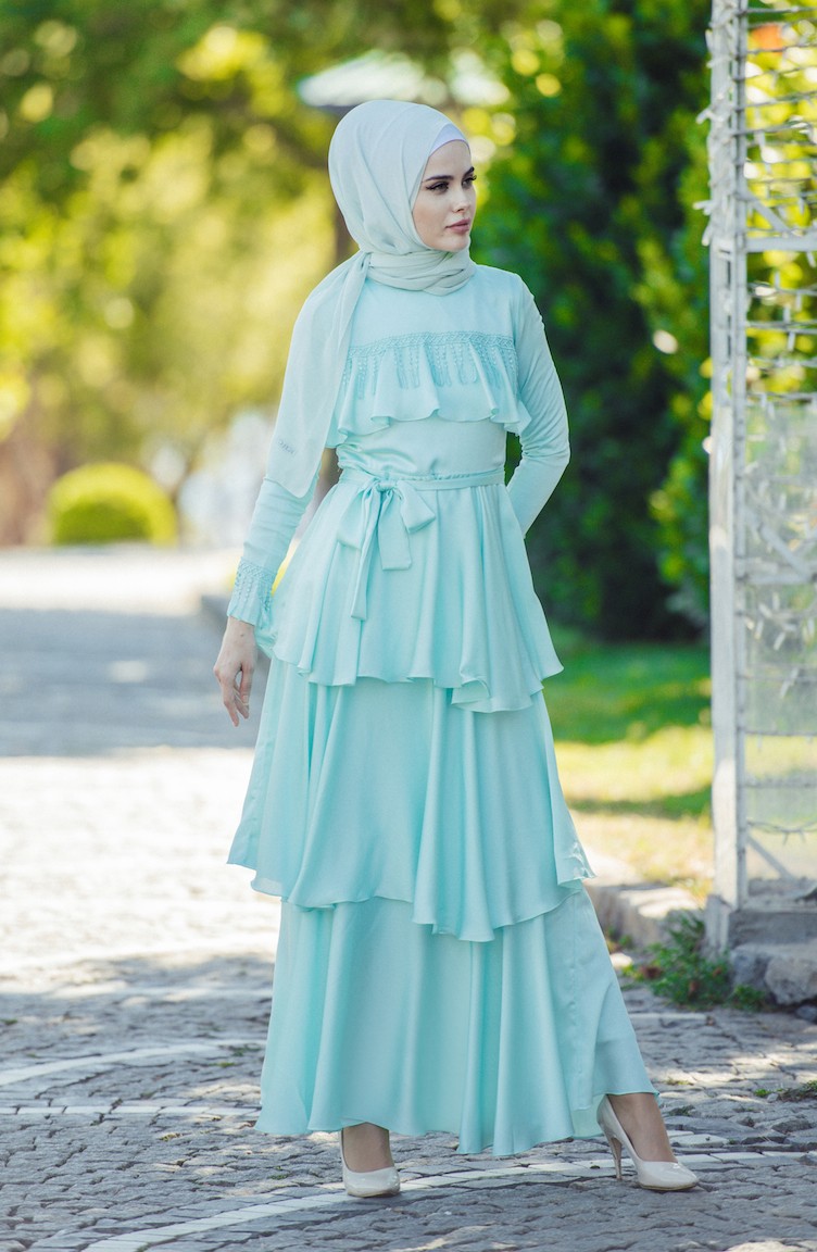 فستان سهرة بتصميم طبقات من الكشكش 1030-01 لون اخضر فاتح 1030-01 | Sefamerve