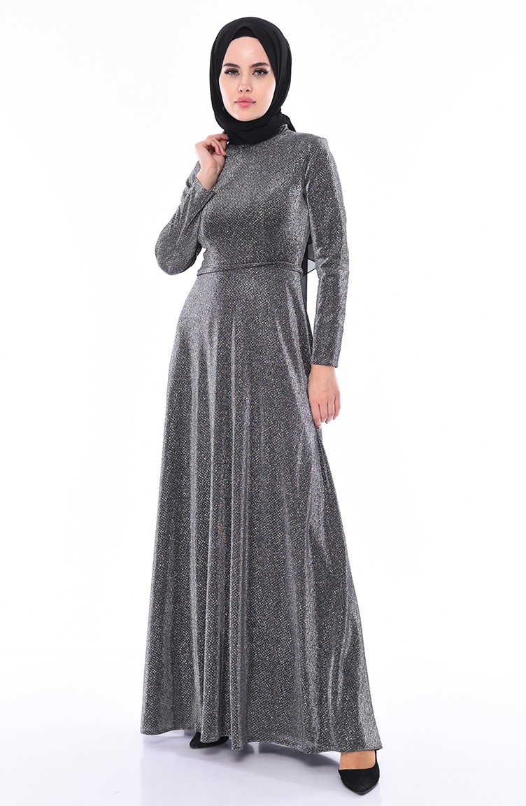 Simli Abiye Elbise 9008-01 Gümüş | Sefamerve