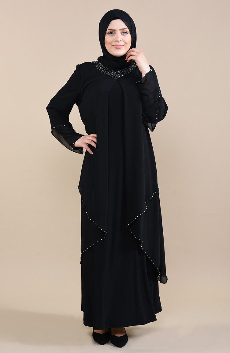 Perya Taş Ve Boncuk İşlemeli Şifon Abiye Elbise 3146-01 Siyah | Sefamerve