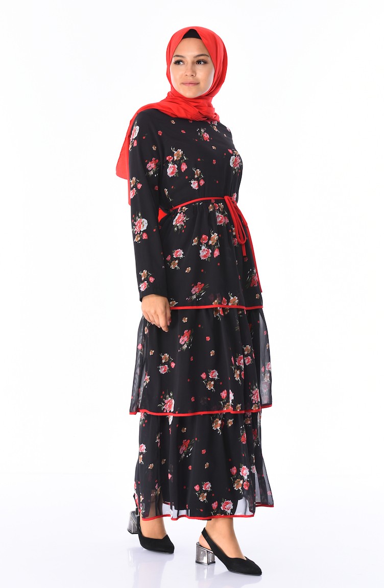فستان شيفون منقوش أسود 3076A-01 | Sefamerve