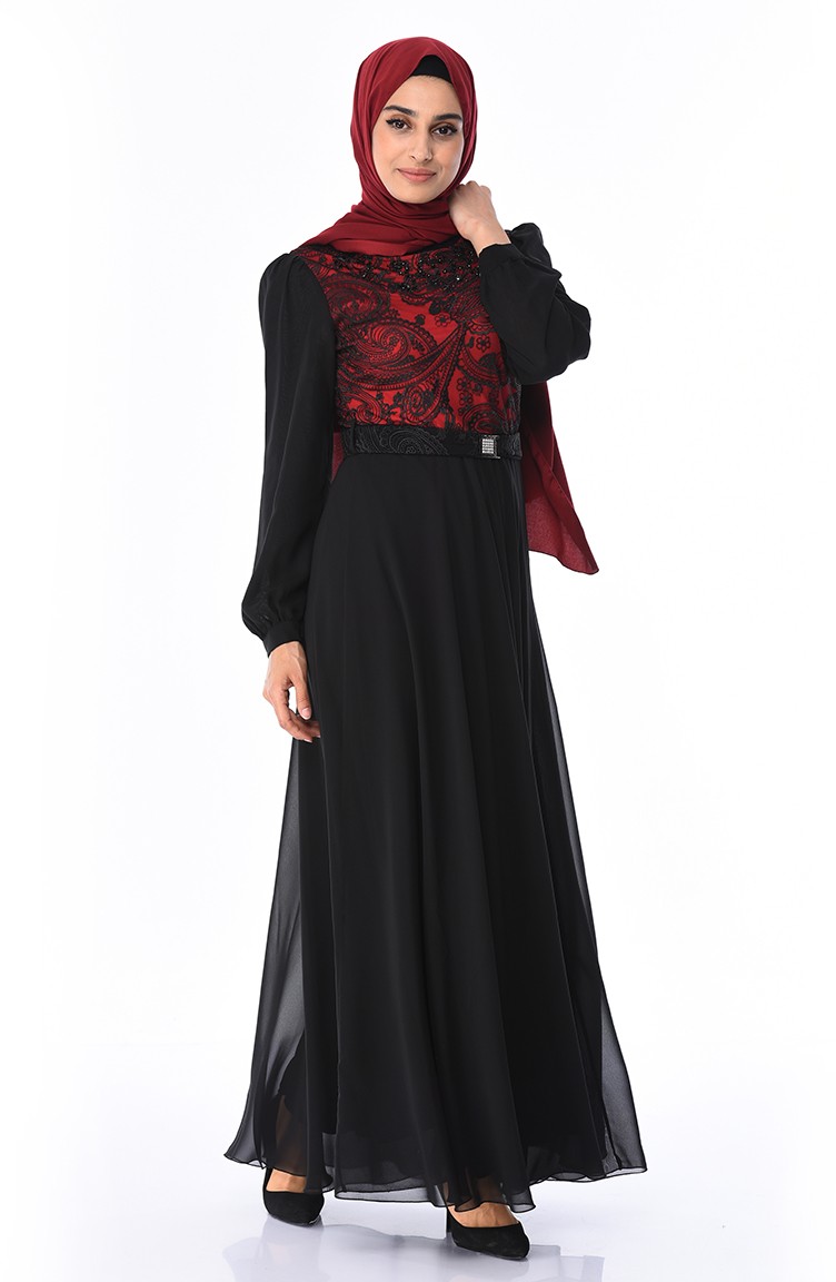 Dantelli Kuşaklı Elbise 7Y3715403-02 Kırmızı Siyah | Sefamerve