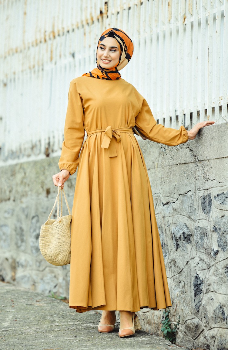 Kuşaklı Kloş Elbise 12011-08 Hardal | Sefamerve