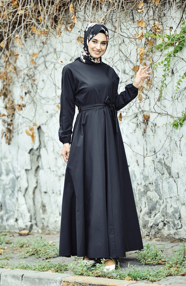 Kuşaklı Kloş Elbise 12011-06 Siyah | Sefamerve