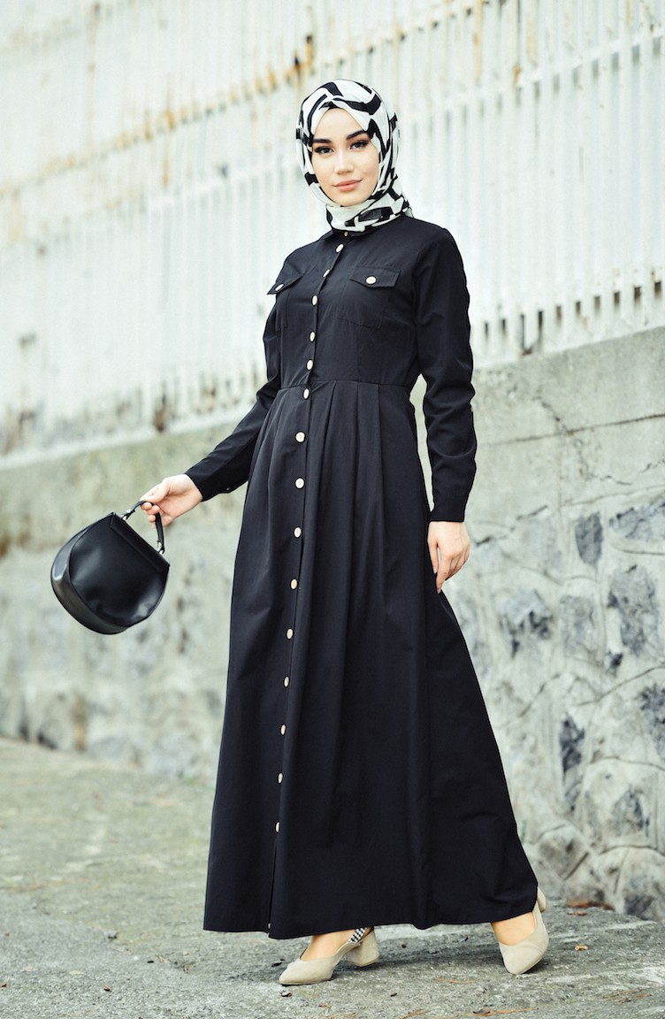 Boydan Düğmeli Elbise 12012-01 Siyah | Sefamerve