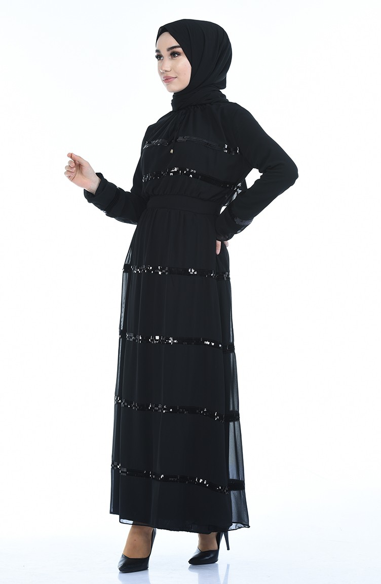 Pul Detaylı Elbise 2165-01 Siyah | Sefamerve
