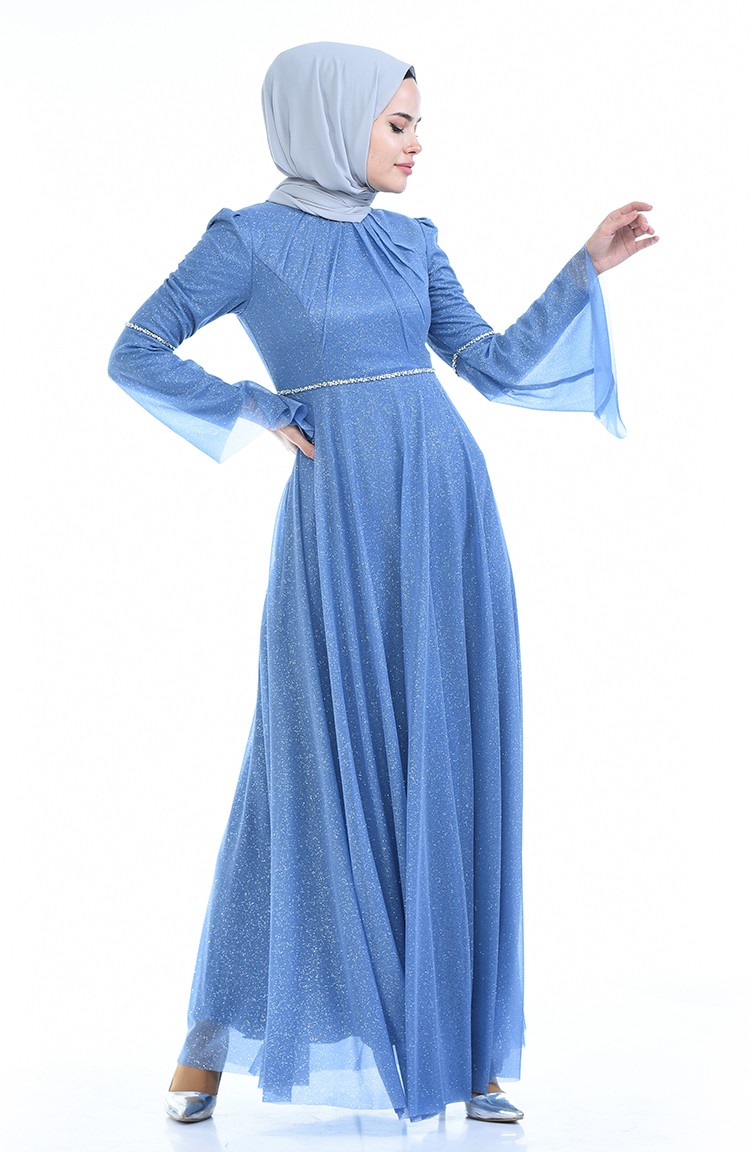 Blue Hijab Evening Dress 9012-03 | Sefamerve