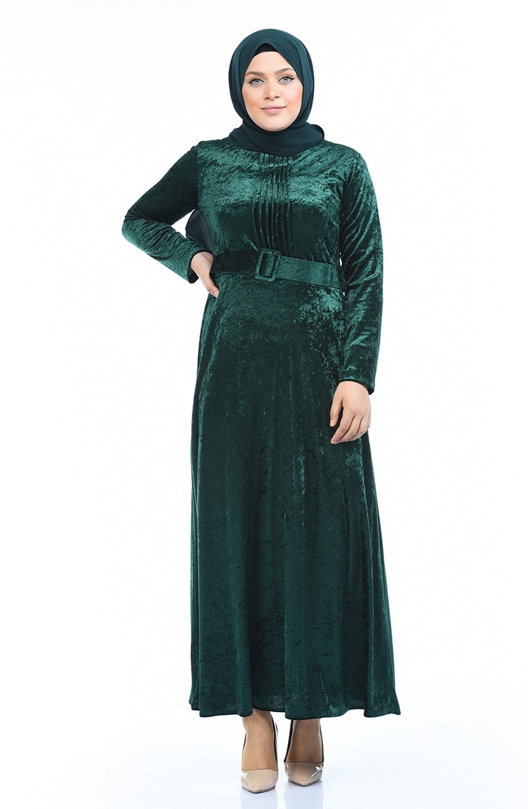 Büyük Beden Kadife Elbise 4491-02 Zümrüt Yeşili | Sefamerve