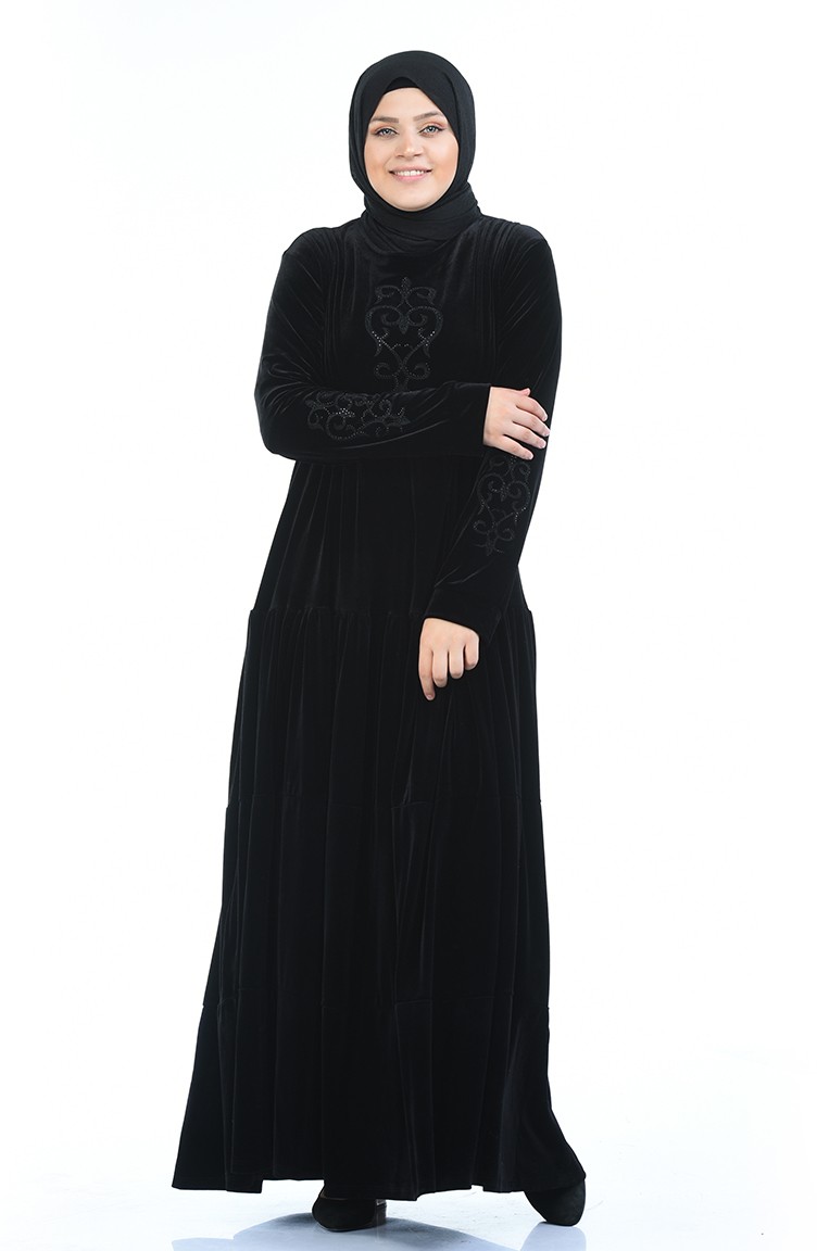 Büyük Beden Kadife Elbise 7965-03 Siyah | Sefamerve