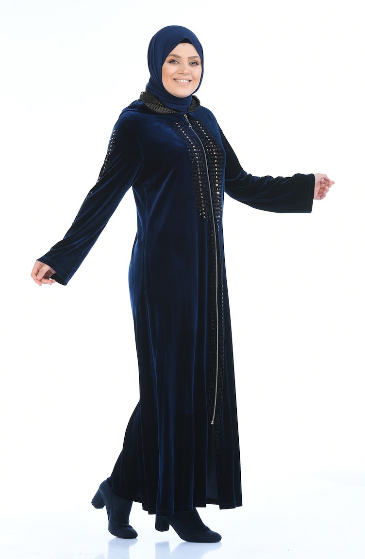 Büyük Beden Taş Baskılı Kadife Elbise 7636-02 Lacivert | Sefamerve