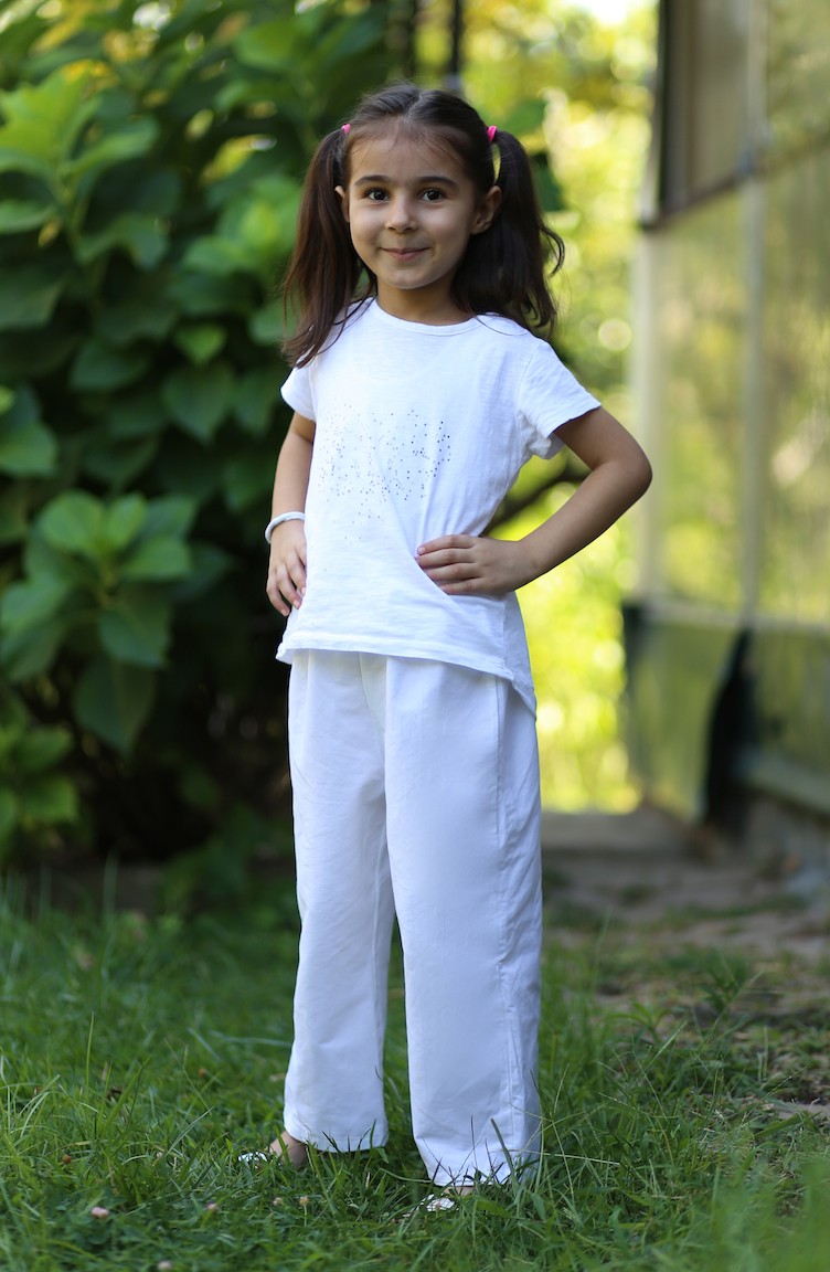 Bol Paça Lastikli Çocuk Pantolonu 25080-01 Beyaz | Sefamerve
