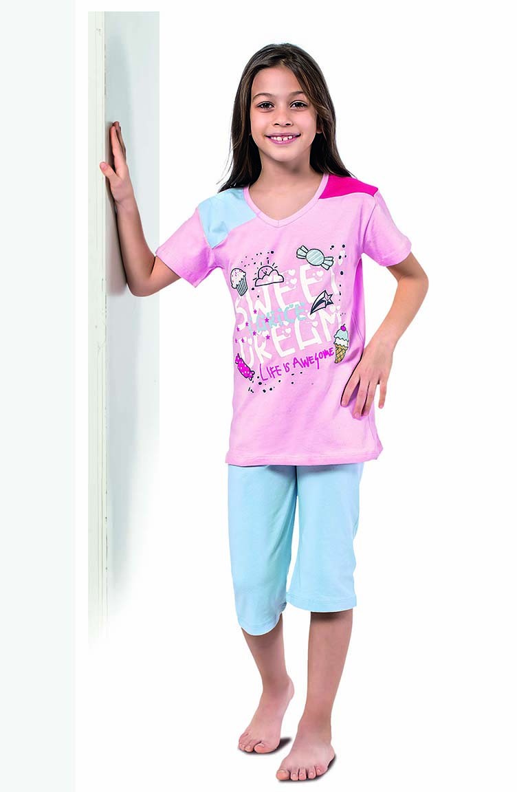 Kız Çocuk Kapri Pijama Takımı 4329 Toz Pembe | Sefamerve