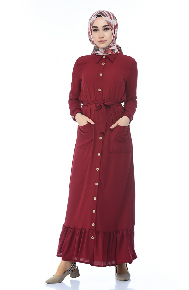 Boydan Düğmeli Elbise 1202-05 Bordo | Sefamerve