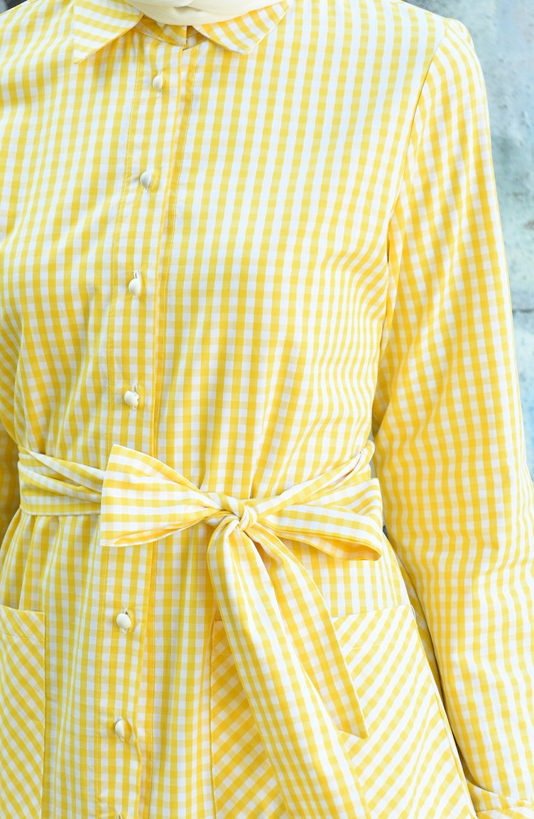 Kareli Kuşaklı Elbise 8022-02 Sarı | Sefamerve