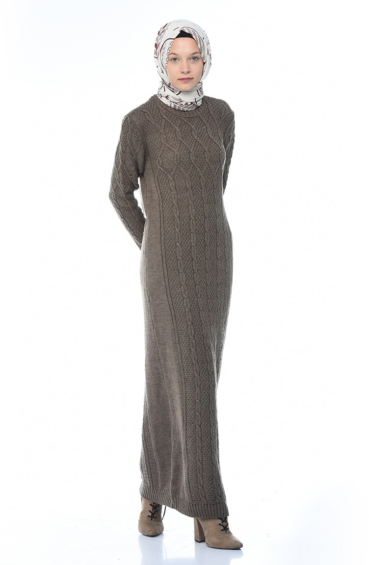 Triko Örgü Desen Elbise 1908-11 Vizon | Sefamerve