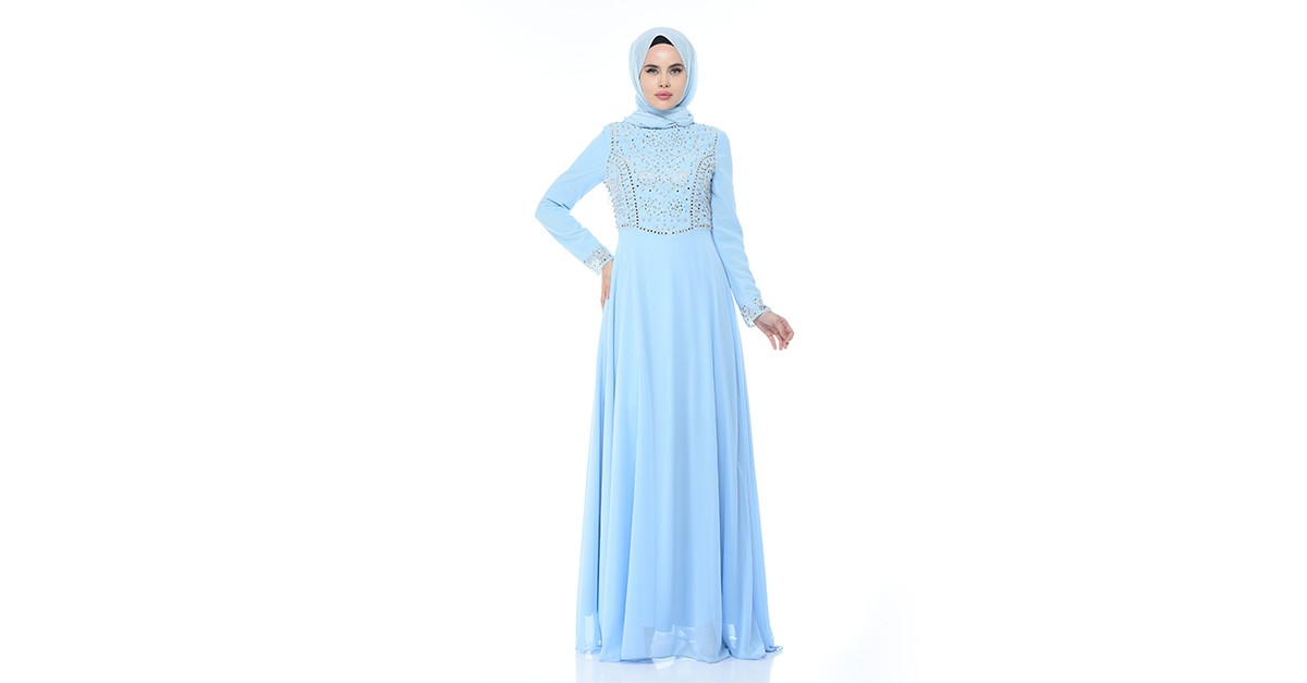 فستان سهرة شيفون مزين بالستراس باللون الأزرق السماوي 3135-04 | Sefamerve