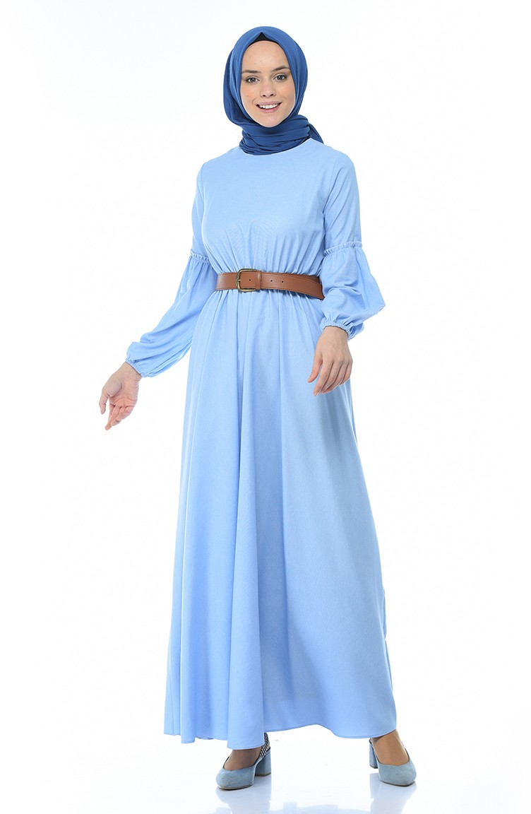فستان بحزام على الخصر أزرق سماوي 1039-04 | Sefamerve